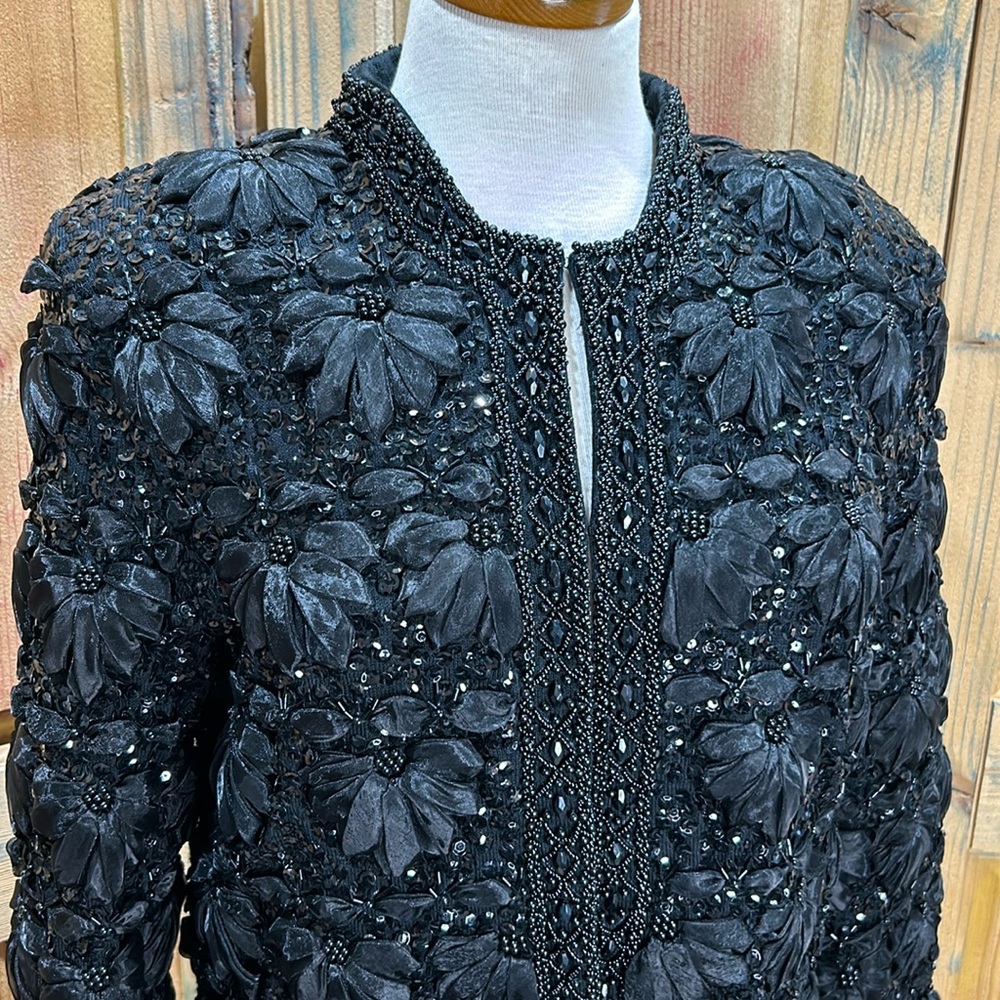 Lillie Rubin Med Black 3D Floral Vintage  Beaded Formal Jacket 80s VTG Sz 8/10